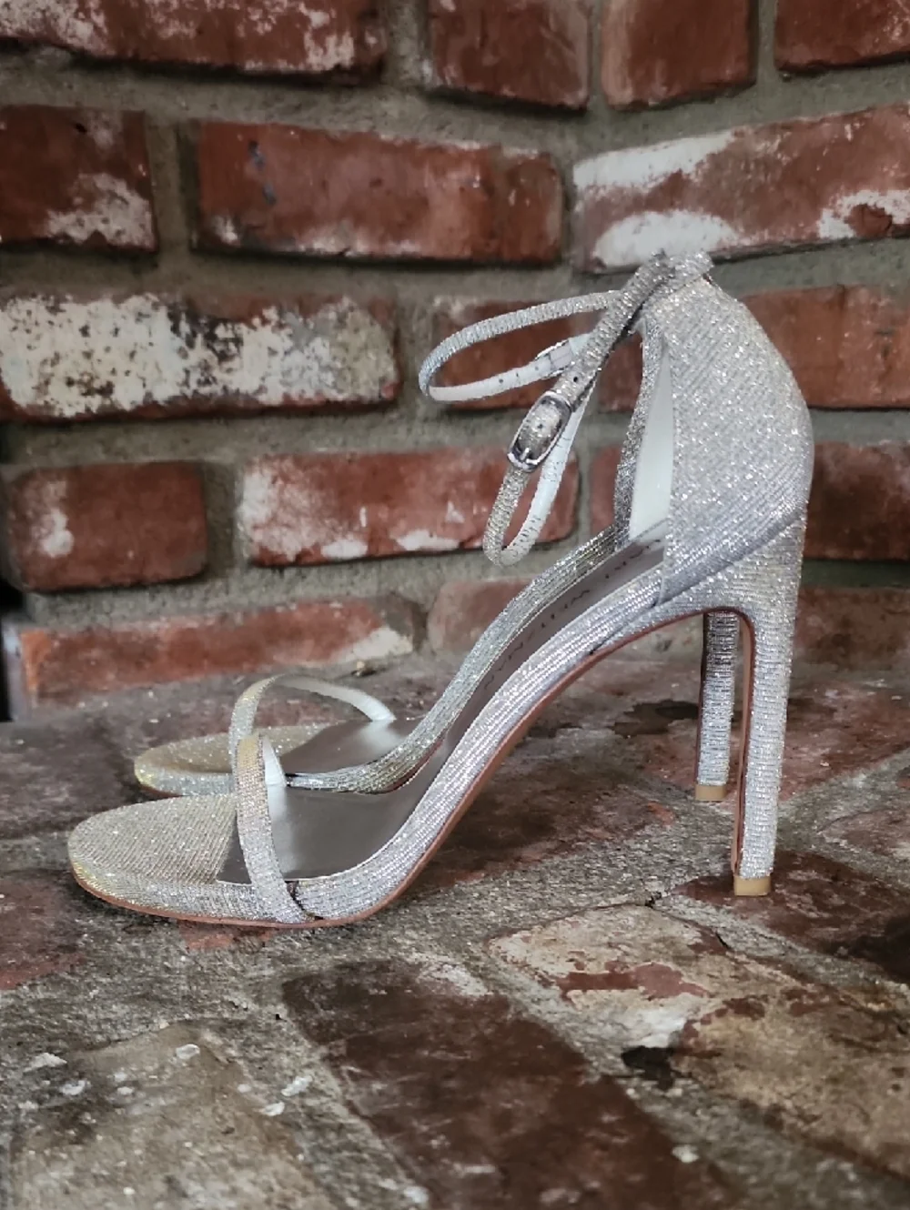Stuart Weitzman Silver Glitter Ankle Strap Heels Stiletto Sandals Evening Weddin